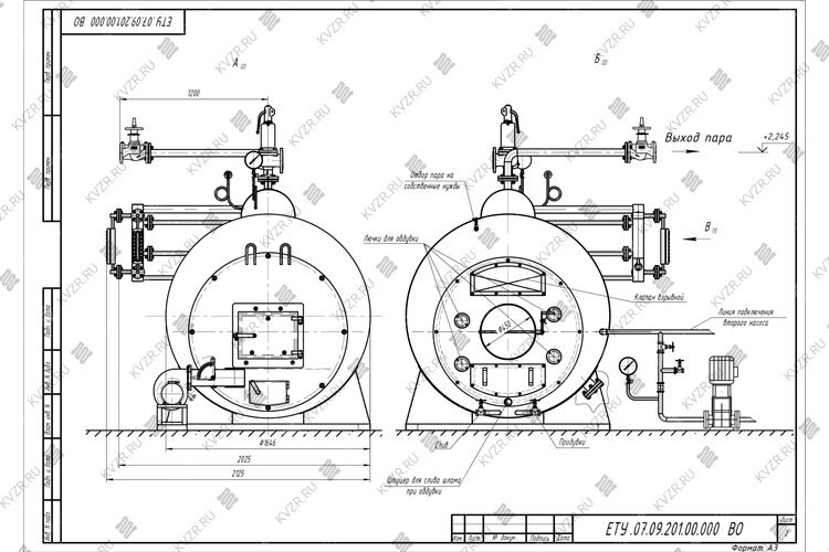 Чертеж парового котла Е 0.7 0.9 на твердом топливе